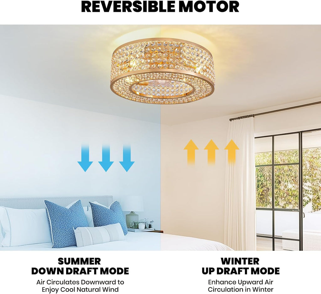 20" Caged Crystal Ceiling Fan with Lights Flush Mount Gold Fandelier Low Profile Chandelier Fan Enclosed Ceiling Fan