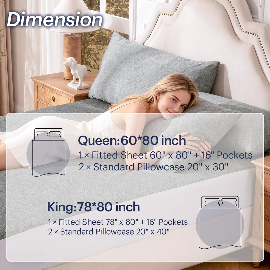 3PCS Cooling Sheet Set King Size, Breathable Bed Sheets, Grey