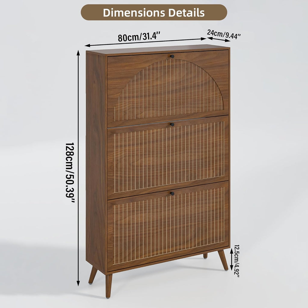 Shoe Storage Cabinet with 3 Flip Drawers, Narrow Shoe Organizer with Fluted Panel, Freestanding Wood Hidden Shoe