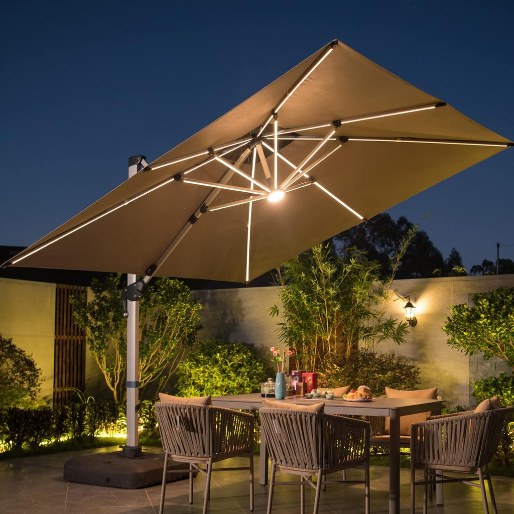 10x10 FT Square Cantilever Patio Umbrella with Solar LED Lights and Cross Base