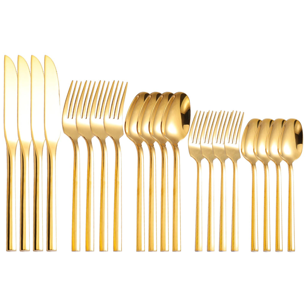 Mirror Silverware Set Gold Flatware Set with Hexagon Handle 20 Pieces 18/0 Stainless Steel Cutlery Set Wedding