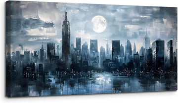 New York Skyline Wall Art Prints, City Night Landscape Large Canvas Painting, Abstract Urban Architecture Aesthetic