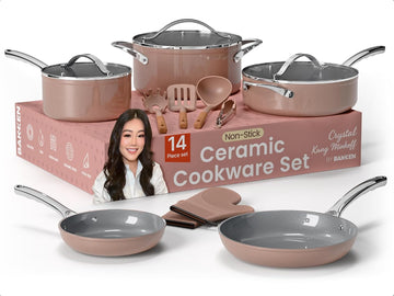 Crystal Kung Minkoff Ceramic Cookware Set - 14-Piece Pots and Pans Set with Lids, Silicone Utensils & Oven Mitts
