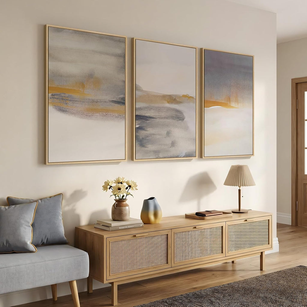 Framed Large Neutral Abstract Wall Art, Set of 3 Canvas Modern Prints Paintings, Minimalist Landscape Beige Gray