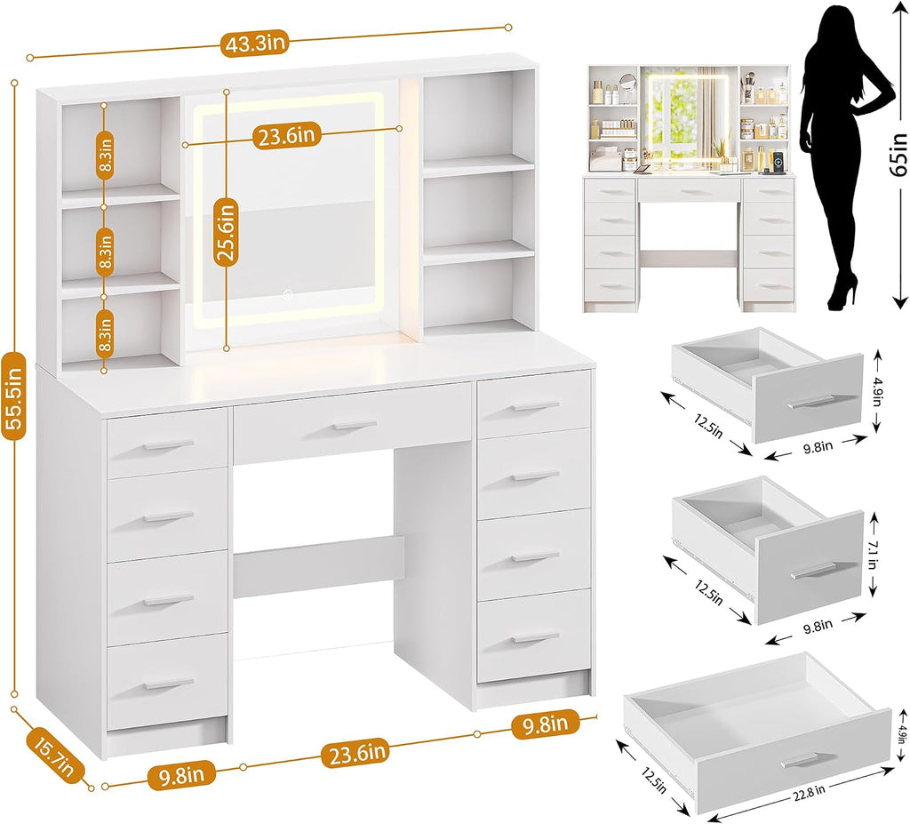 Vanity Desk with Mirror and Lights, Makeup Vanity Desk with 9 Drawers & 6 Shelves, Make up Vanity, Dressing Table