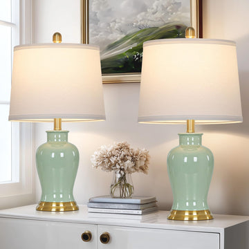 Green Ceramic Lamps Set of 2, 23" Modern Table Lamps, Classic Bedside Lamp with Ginger Jar Design, Elegant Bedroom