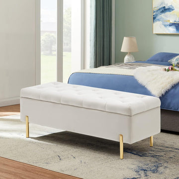 Velvet Storage Bench Ottoman,Versatile Seating with Hidden Storage,End of Bed Bench,Tufted Bench ,Ivory