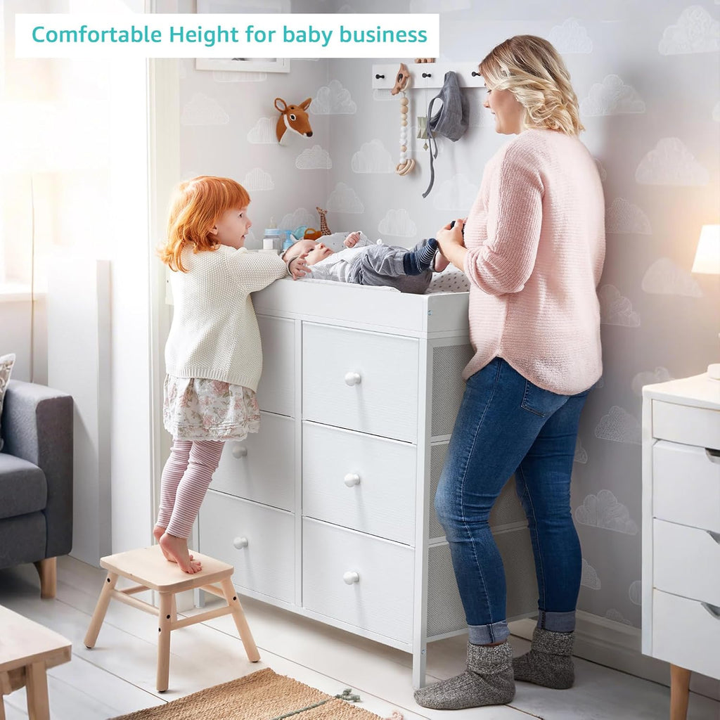 White Changing Table Dresser with 6 Drawers Baby Dresser with Changing Table Top Diaper Changing Station with Storage