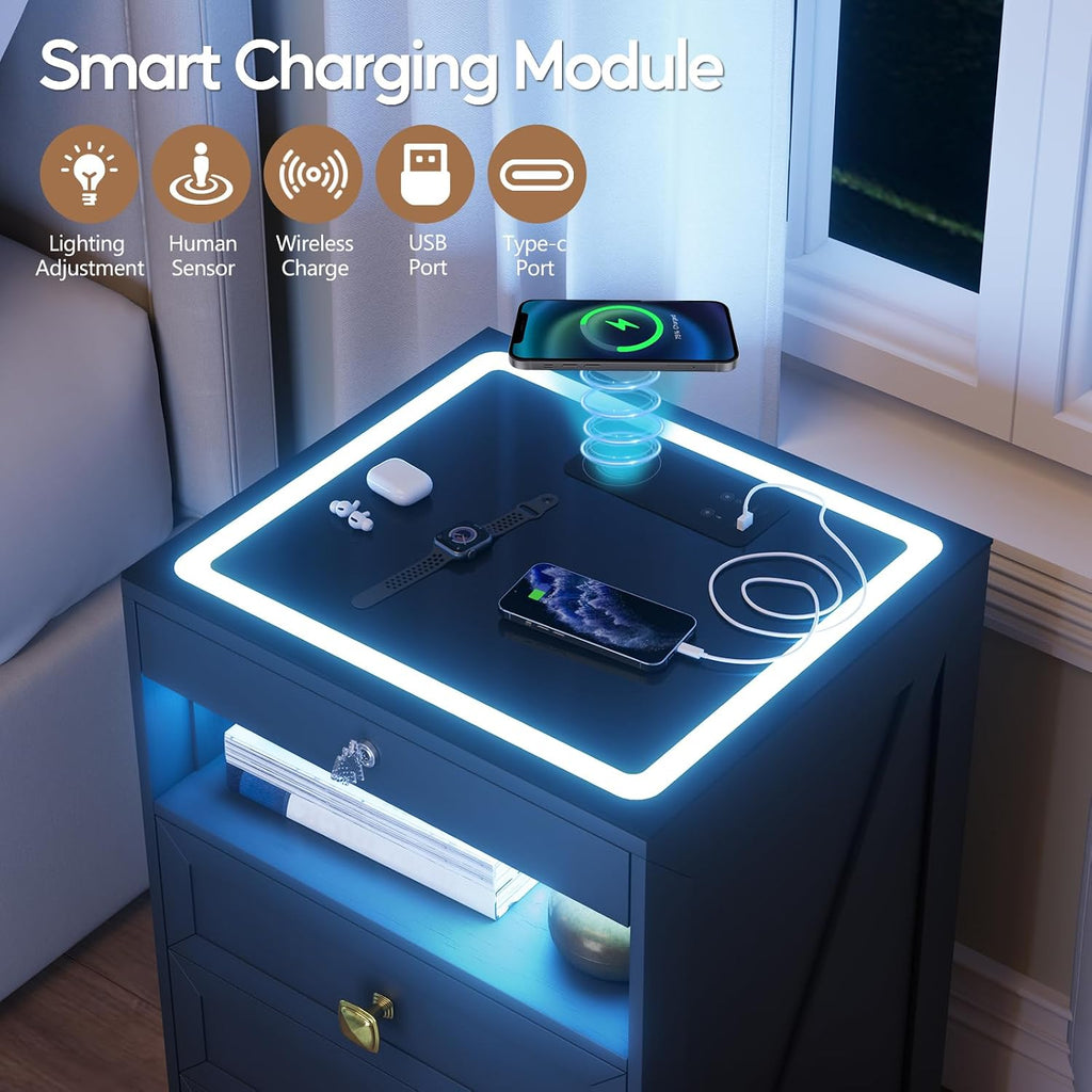 Smart Nightstand with Lockable Gun Drawer,Farmhouse Bedside Table with Charging Station and 3 LED Lights, Modern