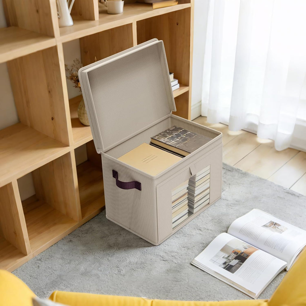Front Opening Storage Bins with Lids for Closet, Beige, 4 Pack | Foldable Fabric Storage Cubes, Large Closet