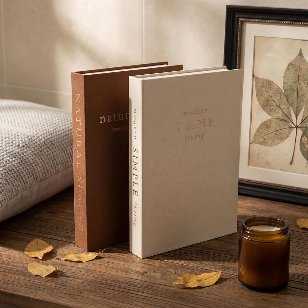 Elegant Decorative Books Set of 2, Linen Covered Decor Books with Gold Lettering & Magnetic Clasps for Storage.