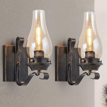 Wall Sconces Sets of 2, Oil Rubbed Bronze Hardwired Wall Sconce Indoor, Retro Rustic Wall Lamps with Amber