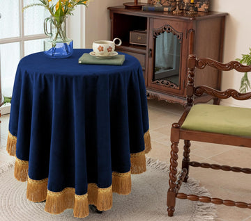 70 Inch Round Velvet Tablecloth, Navy Blue Decorative Table Cover with Gold Tassel Trim, Heavy Soft Plush Fabric