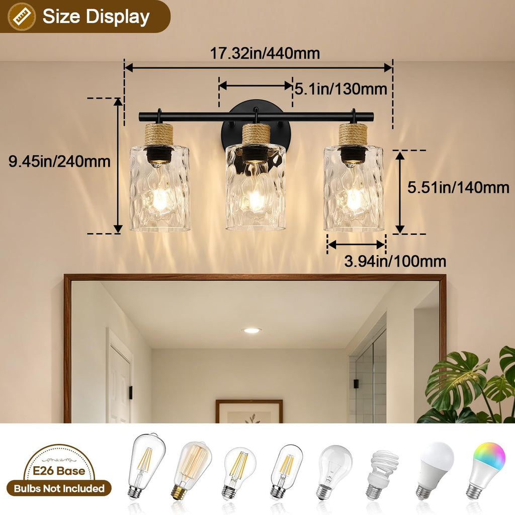 Bathroom Light Fixtures, 3-Light Coastal Vanity Lights with Crystal Glass Shade, Black Bathroom Wall Lamp for Mirror