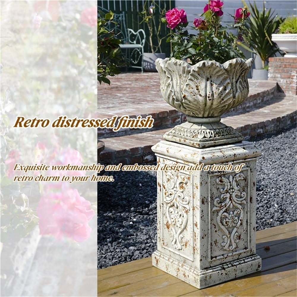Outdoor Magnesium Oxide Urn Planter, Retro Distressed Flower Pots | Pedestal Planter with Embossed Design