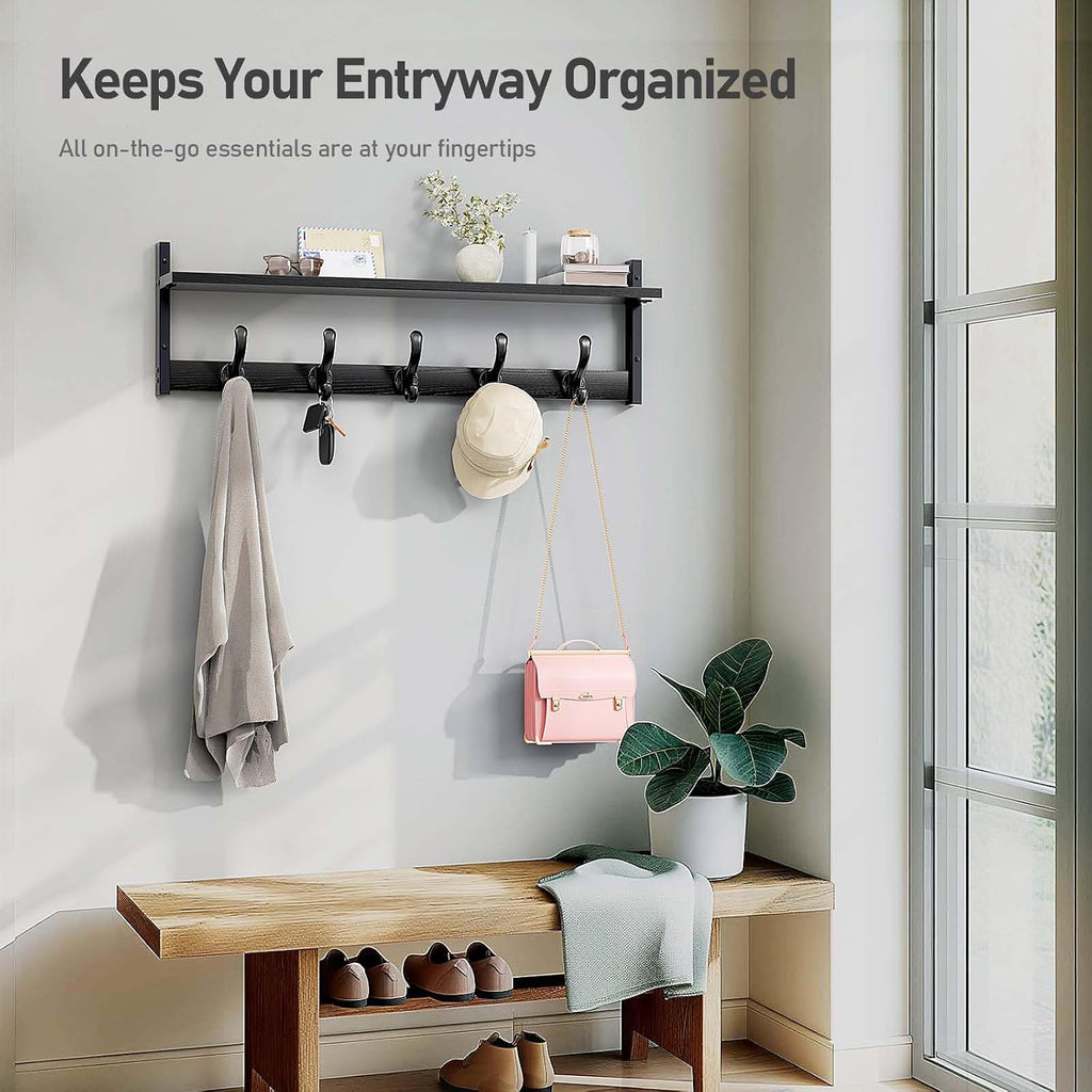 29" Rustic Coat Rack Wall Mount with Shelf, Entryway Wall Hooks with Shelf, Coat Hangers , Black