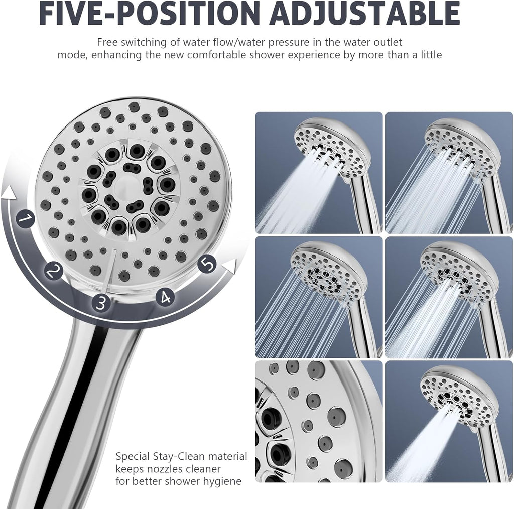High Pressure Shower Head with Powerful Shower Spray & 59'' Stainless Steel Hose, 5 Spray Modes