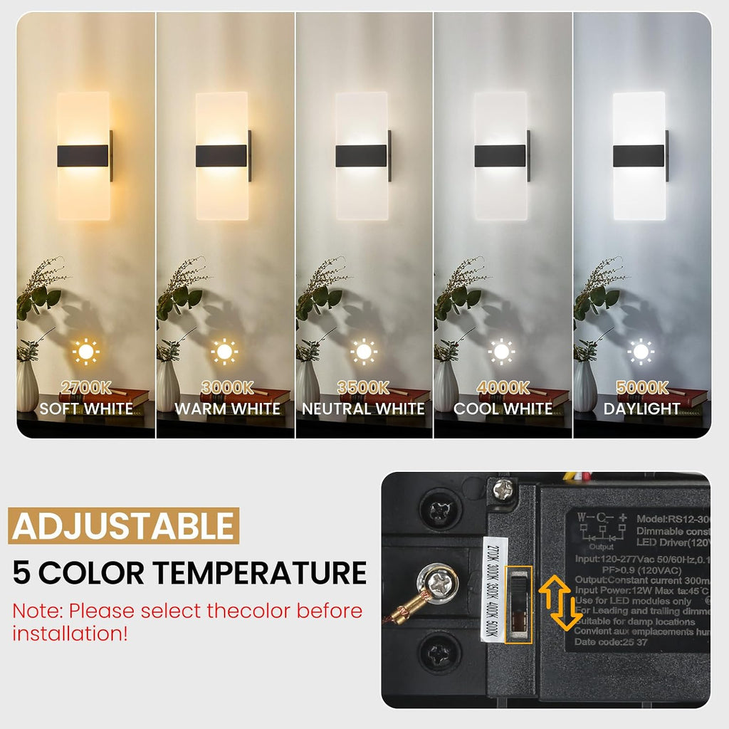 Modern LED Wall Sconces Set of Two, Dimmable Indoor Wall Lights, 5CCT 2700K-5000K Adjustable, Hardwired Acrylic Wall