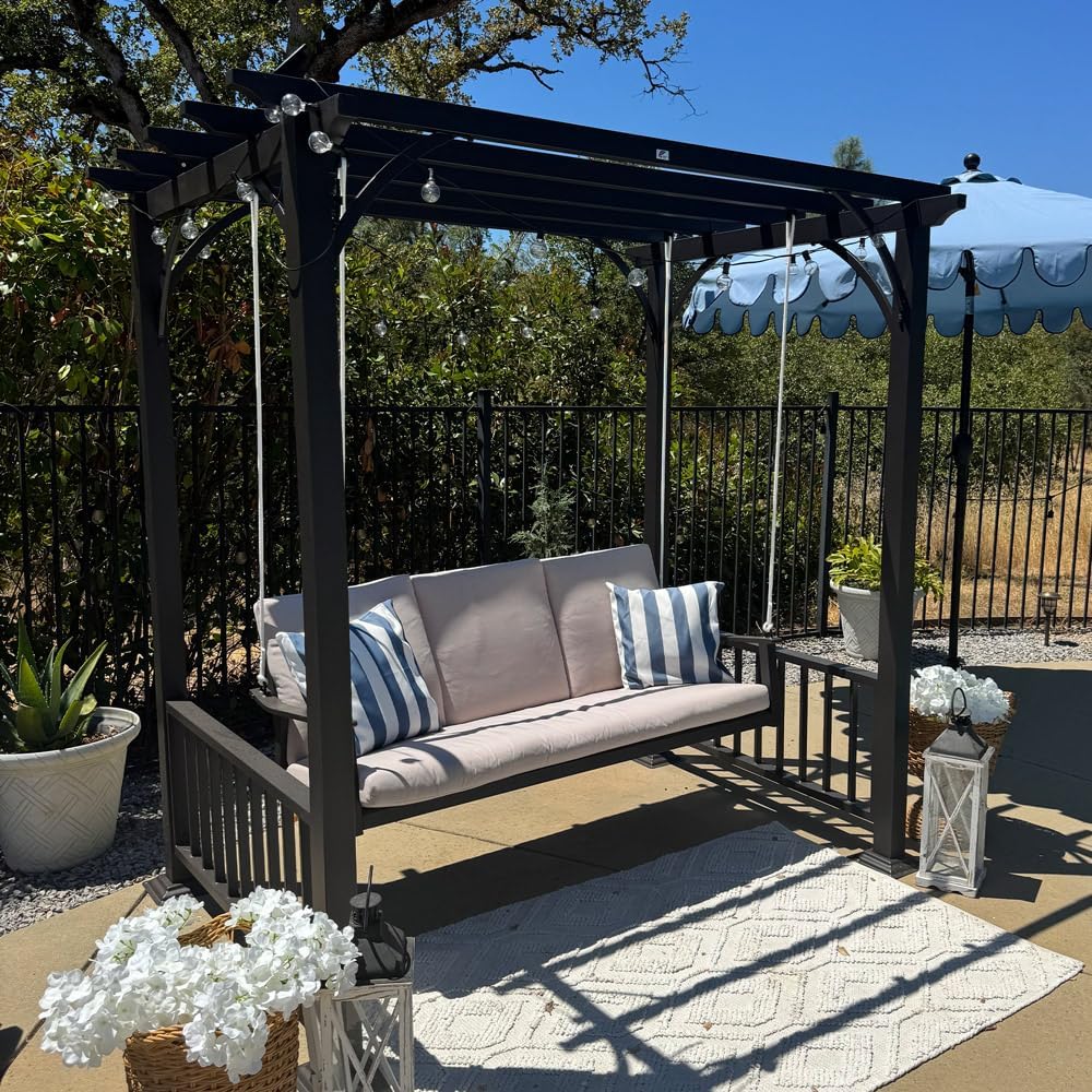 3-Seat Porch Swing with 12 Clear LED Lights Outdoor Metal Pergola Swing Hanging Cloud Swing Chair for Backyard Garden