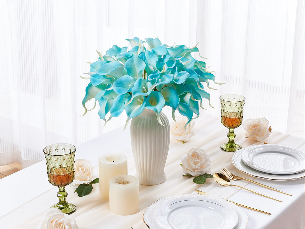 24 Pcs Artificial Calla Lily Peacock Blue Fake Silk Flowers