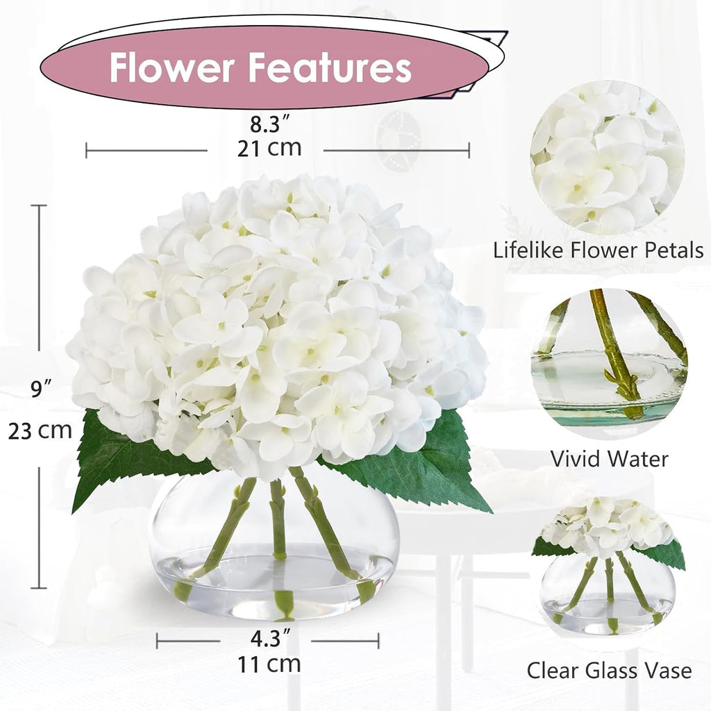 Hydrangea Artificial Flowers in Glass Vase, White Silk Fake Flowers Silk Centerpiece Table Decorations , Coffee Table