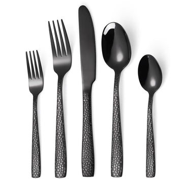 20 Piece Black Modern Flatware Set Hammered Silverware Set Stainless Steel Fine Vintage Dining Cutlery Utensil Set
