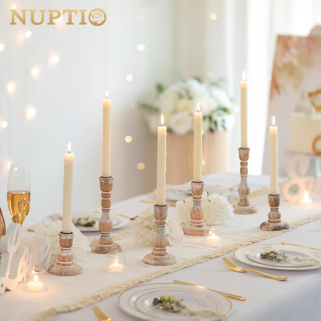 Rustic Candlestick Holders for Decor: Set of 6 Wood Taper Candles Holder - Vintage Candle Stick Tapered Holders for