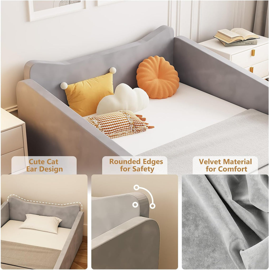 Toddler Bed, Floor Bed with Safety Guadrail, Montessori Toddler Bed with Animal Ear Shapes, Soft Velvet Wood Bed for