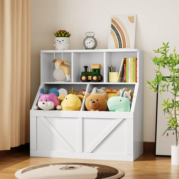 Kids Bookshelf and Toy Storage, Kids Toy Storage Organizer, White | Toy Organizer with Storage Cabinet and Cubby