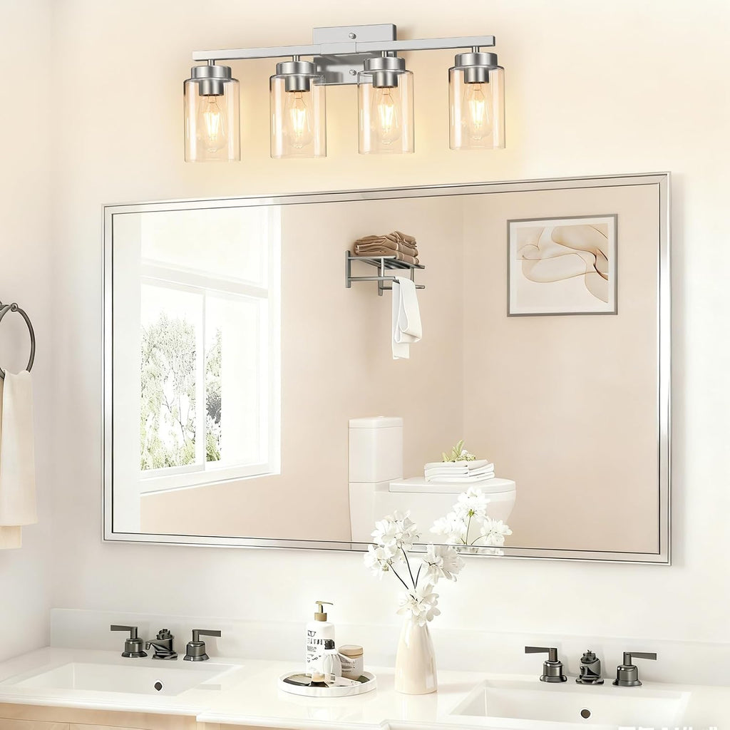Modern Bathroom Light Fixtures, 4 Light Brushed Nickel Vanity Lights, Bathroom Lighting Fixtures Over Mirror with