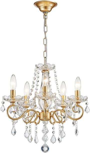 Mini Crystal Chandelier K9 Crystal Lighting Chandelier for Living Room 5 E12 Bulbs High 16.5 in x Diameter 16.9 in, Golden