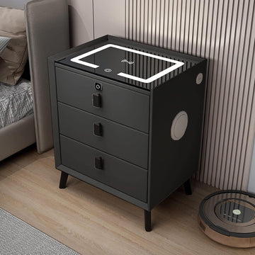 Black,Three drawers, Table Bedroom Smart Bedside Table with LED Light,Smart Nightstand with Fingerprint Lock and