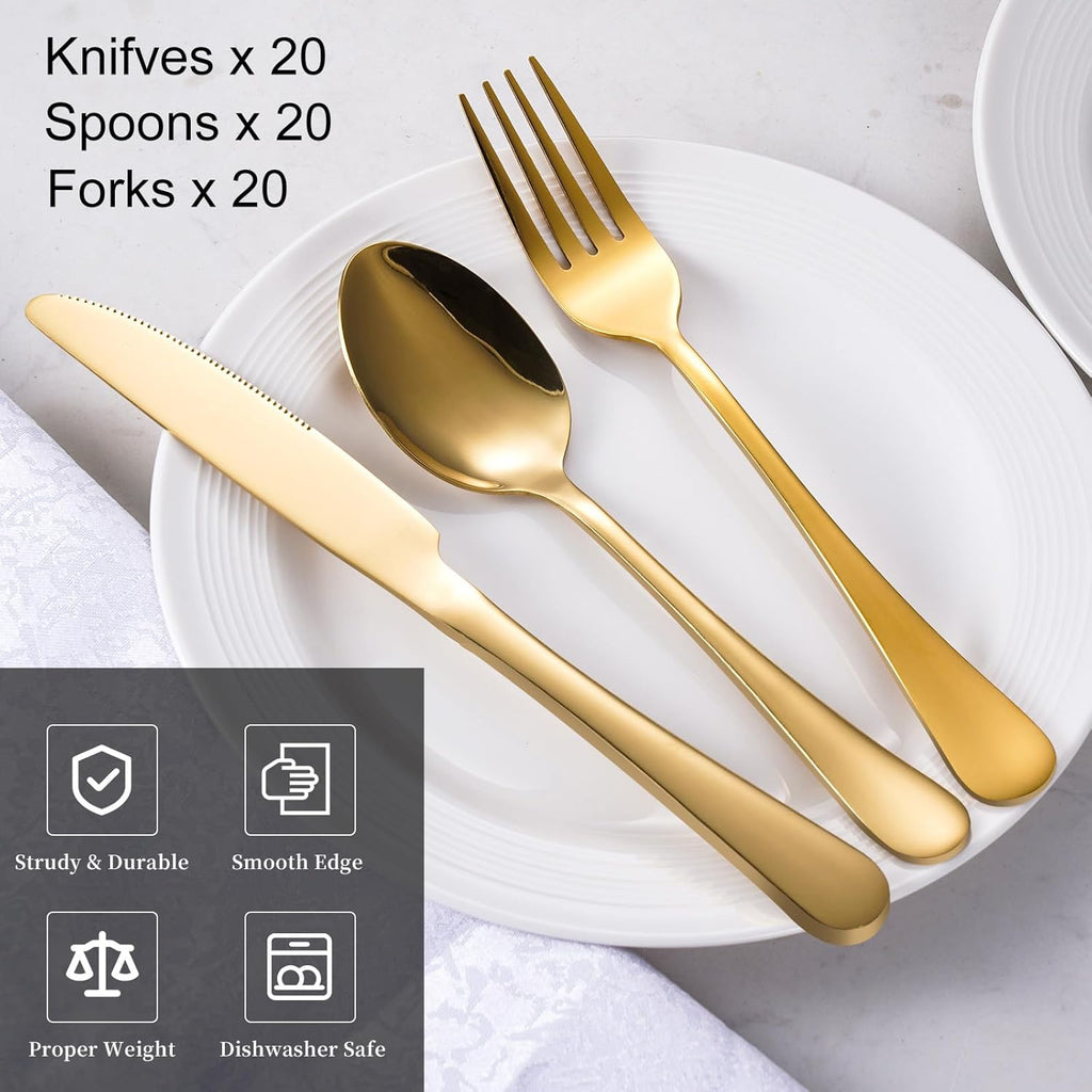 60-Pcs Gold Silverware Set - Stainless Steel Flatware Cutlery Set Service for 20