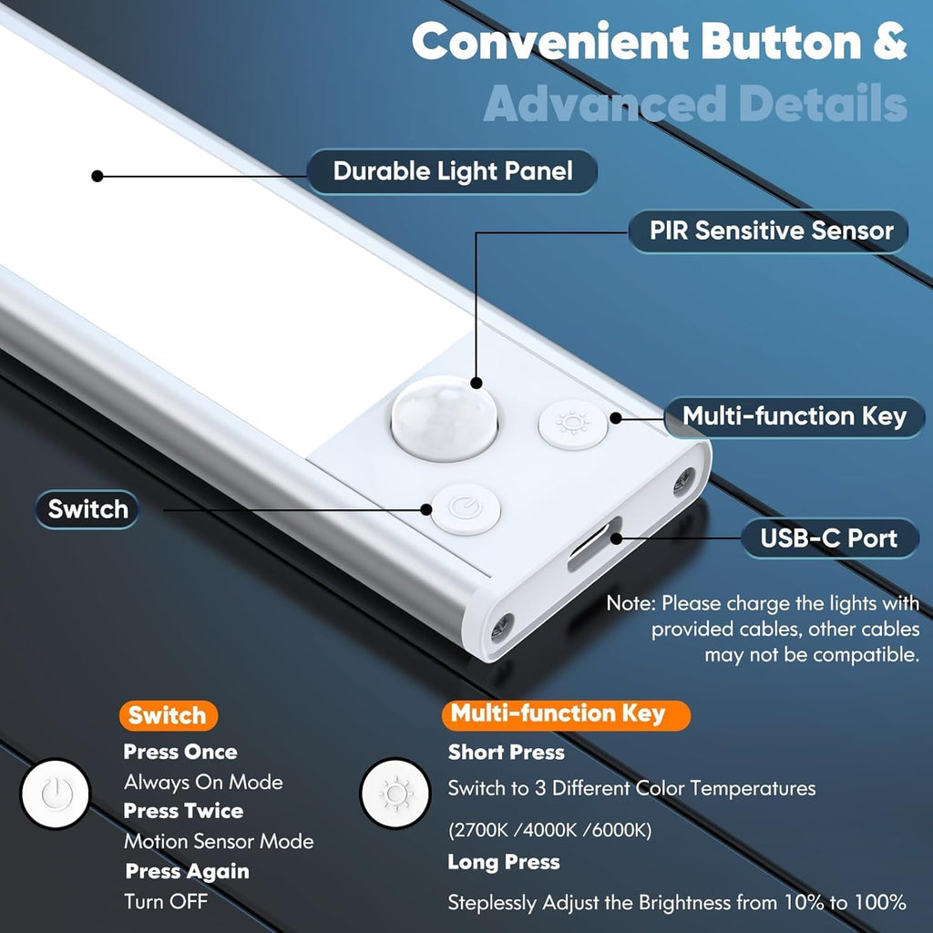 Under Cabinet Lights, 2500mAh 12 Inch Motion Sensor Rechargeable Battery Operated Wireless Under Counter Lights
