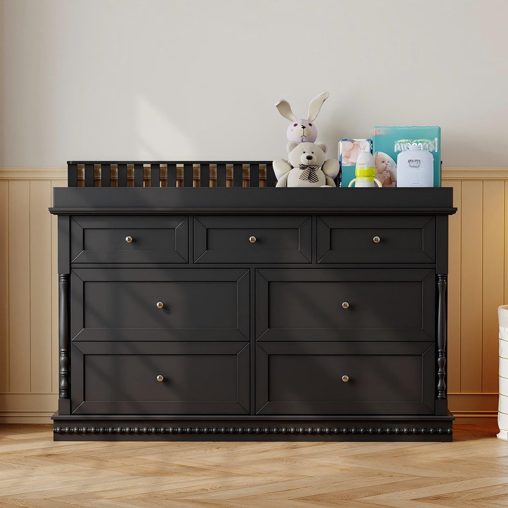 Nursery Dresser with Diaper Changing Tray, Baby Kids Dresser Changing Table with 7 Drawers & Carved Pattern Bedroom