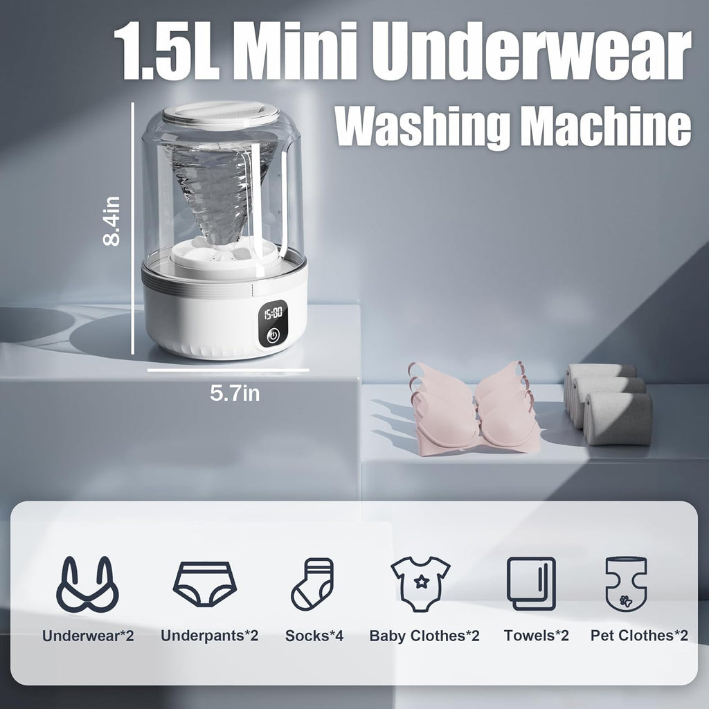 Underwear Washing Machine, Upgrade 1.5L Mini Portable Washing Machine Rechargeable Underwear Washer Deep Cleans Small