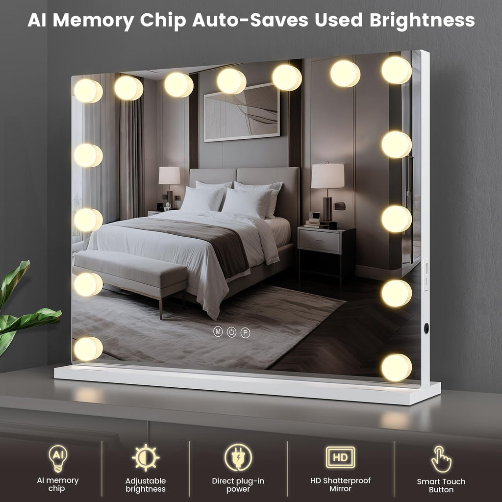 Hollywood Vanity Mirror with 10X/15X Magnification and Lights, USB/Type-C Port Makeup Mirror with 15 Dimmable LED