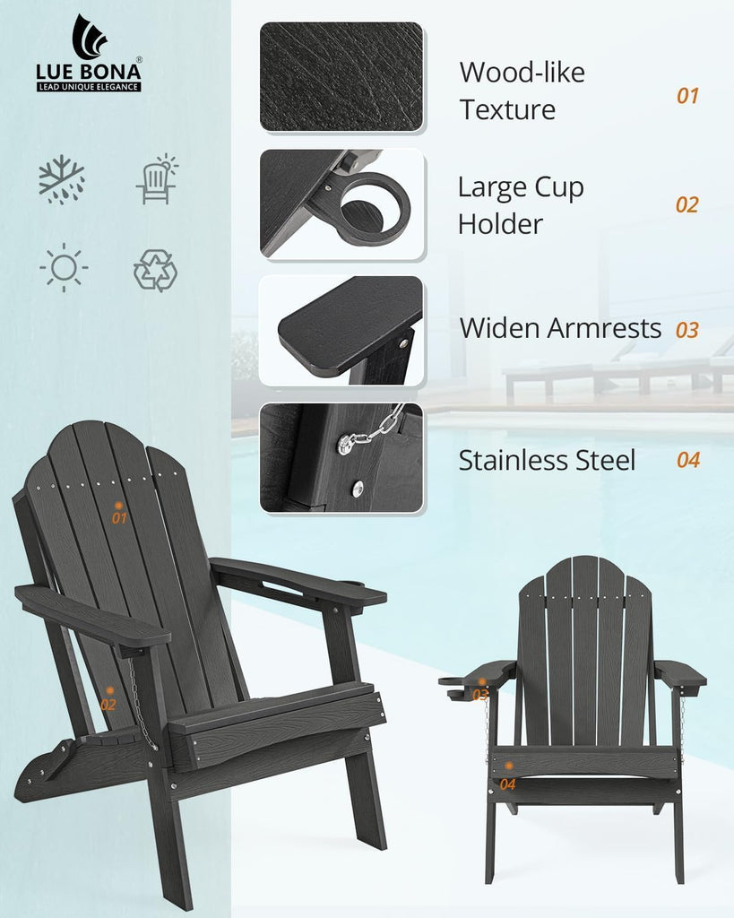 HDPE Folding Adirondack Chairs Set of 4, Black Fire Pit Chairs | All-season weather resistant, ergonomic comfy