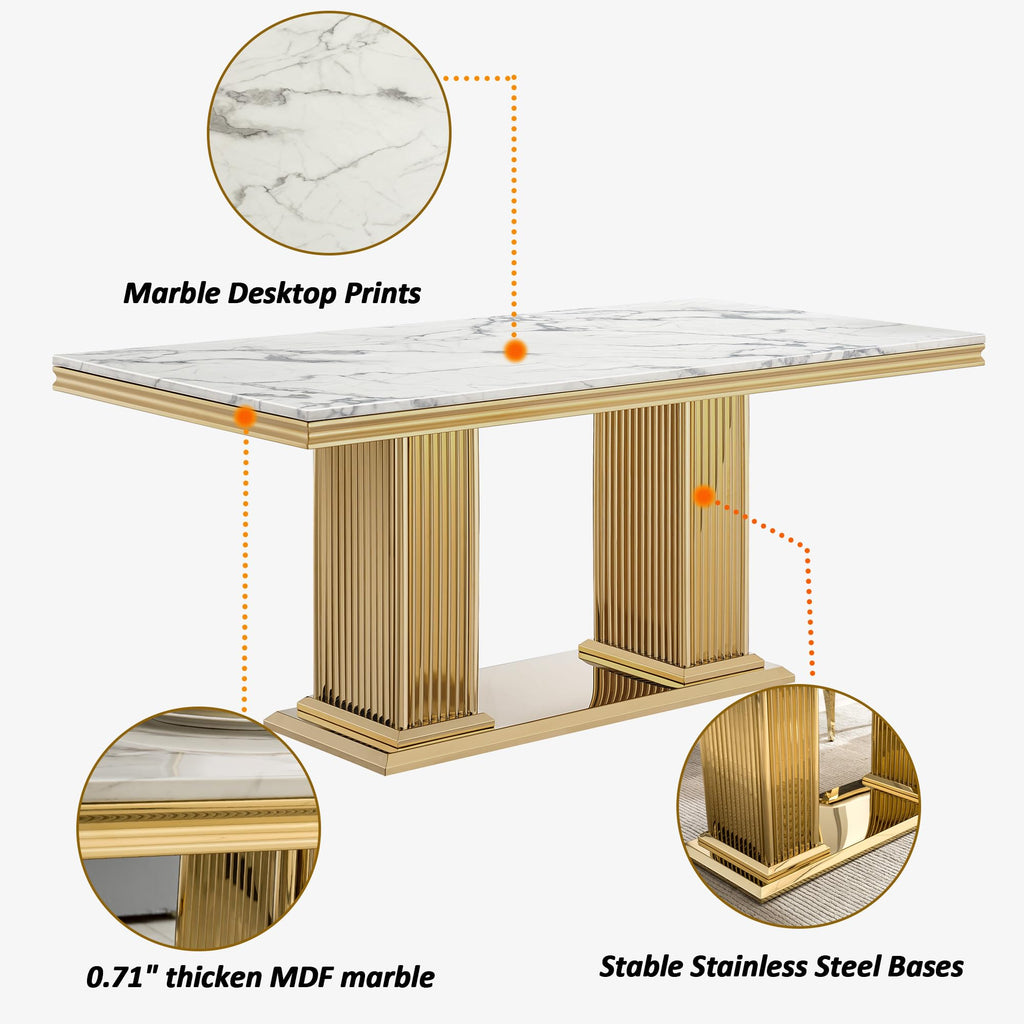 Marble Dining Table for 6 People, 70'' Rectangle Faux Marble Dining Table with Gold Mirrored Finish Stainless Steel