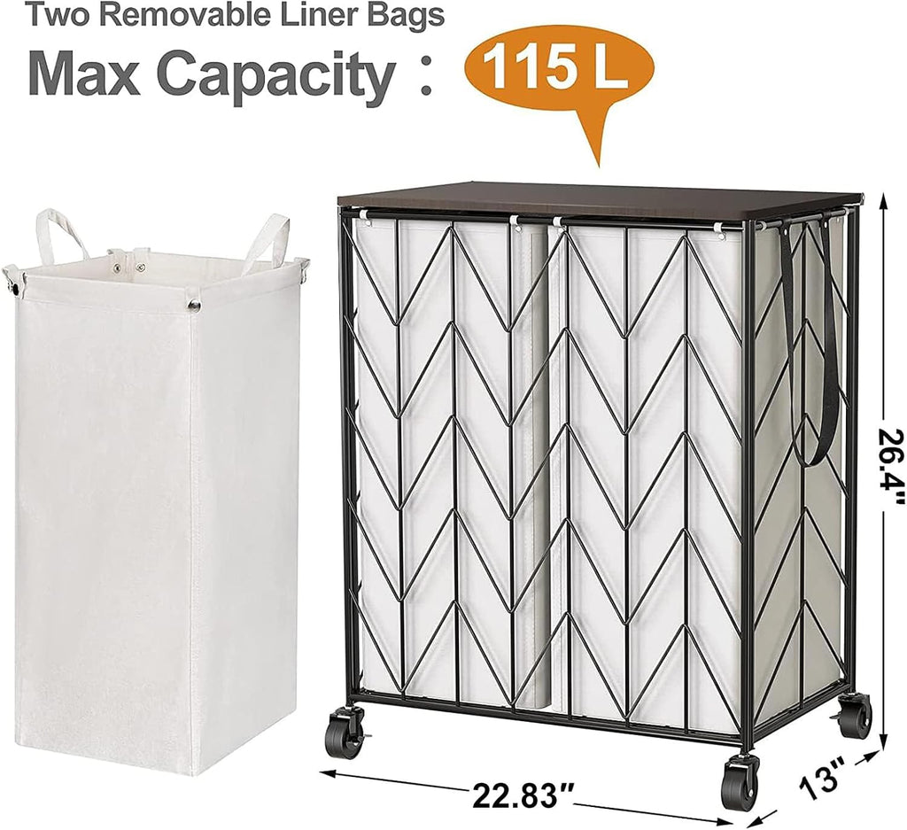 Double Laundry Hamper with Lid, Rolling Laundry Basket with Wheels | Heavy Duty Wire Clothes Hamper with Divided