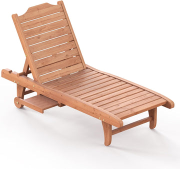 Wooden Chaise Lounge Chair, 3-Position Adjustable Outdoor Tanning Chair with Hidden Side Tray & Wheels, Poolside