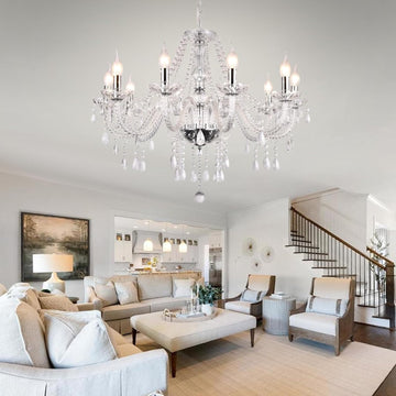 Modern Elegant 10 Lights K9 Crystal Glass Chandelier Silver Pendant Ceiling Lighting European Style for Dining Living Room Bedroom Transparent, 10 E12 Bulbs Required