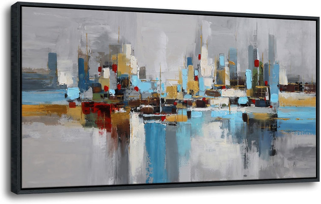 Large Blue Gold Abstract Wall Art,City Skyline Canvas Wall Decor Print,Modern Minimalist Cityscape Painting