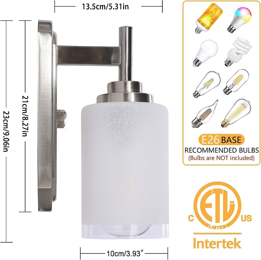 Sconces Wall Lighting Set of Two, Bathrooom Glass Vanity Light | Brushed Nickel Finish, 2 Pack, Frosted Glass Shade