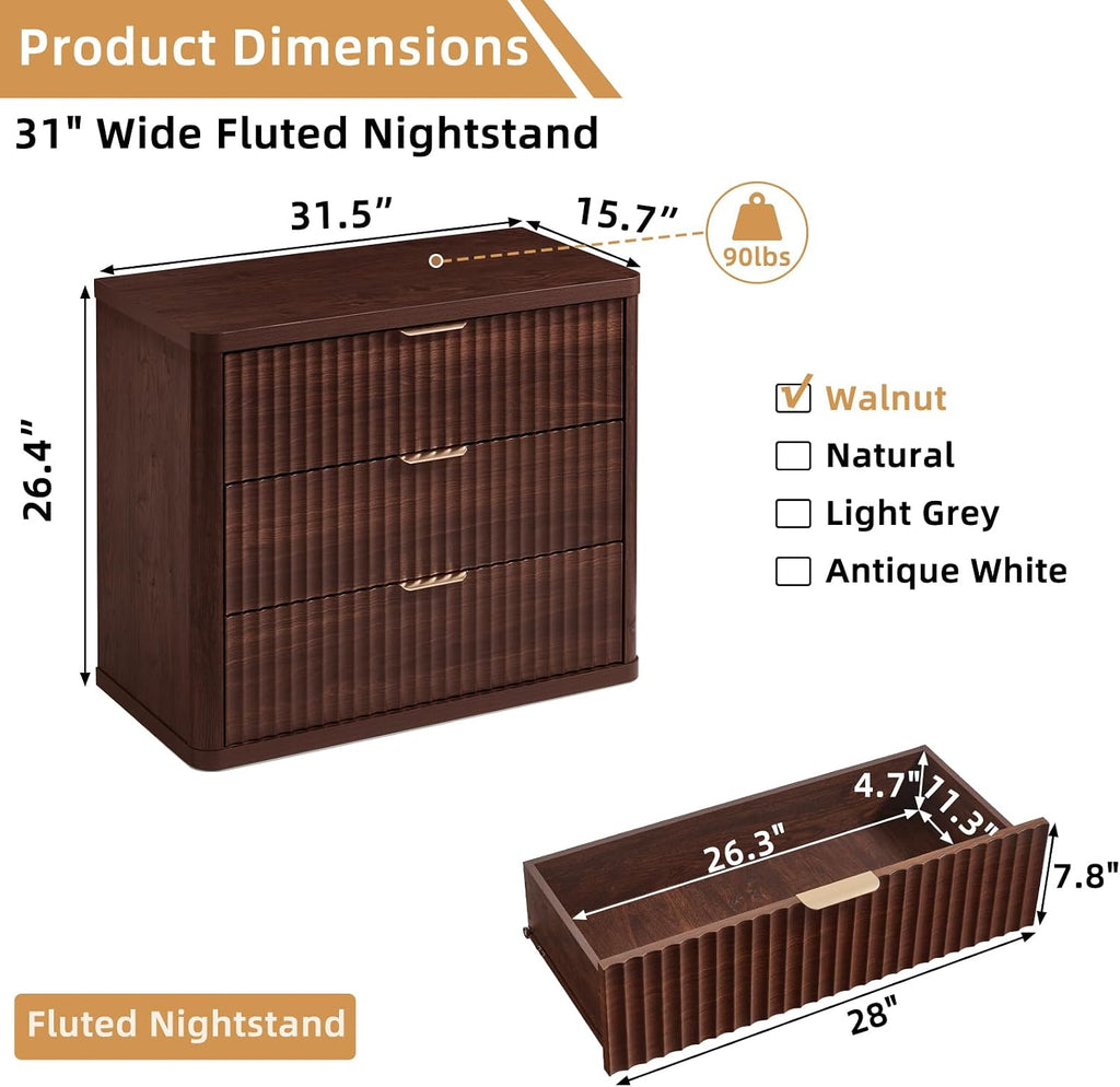 31" Wide Fluted Nightstand, Oversized Extra Large 3 Drawers Night Stand, Walnut Wood Bedside Table,Tall Bed Side End