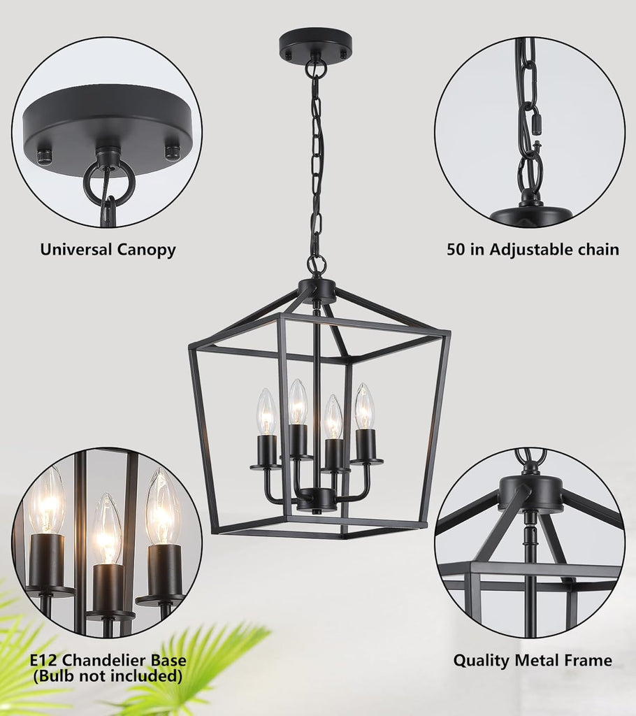 UL Listed Black Industrial 4 Light Lantern Chandelier Ceiling Light Fixtures Farmhouse Metal Cage Rustic Geometric