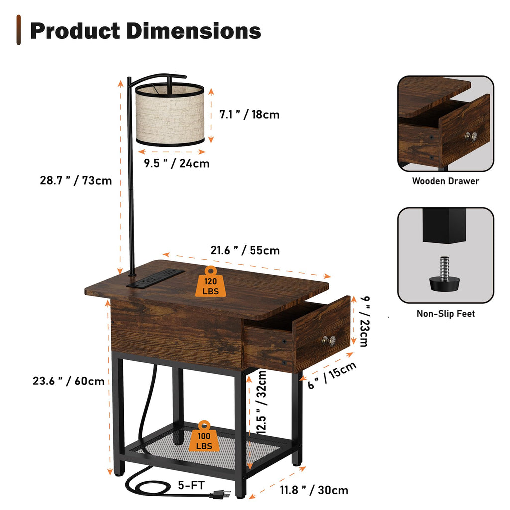 Floor Lamp with Table, Narrow Side Table with Charging Station