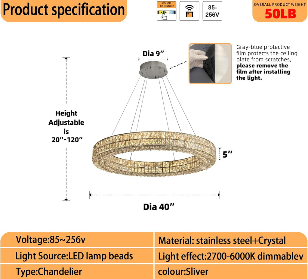 Led Ring Crystal Chandelier for Living Room, Modern Dimmable Chandeliers Lighting and Hanging Adjustable, LED Round Ceiling Chandelier for Dining Room (40inch,Black)
