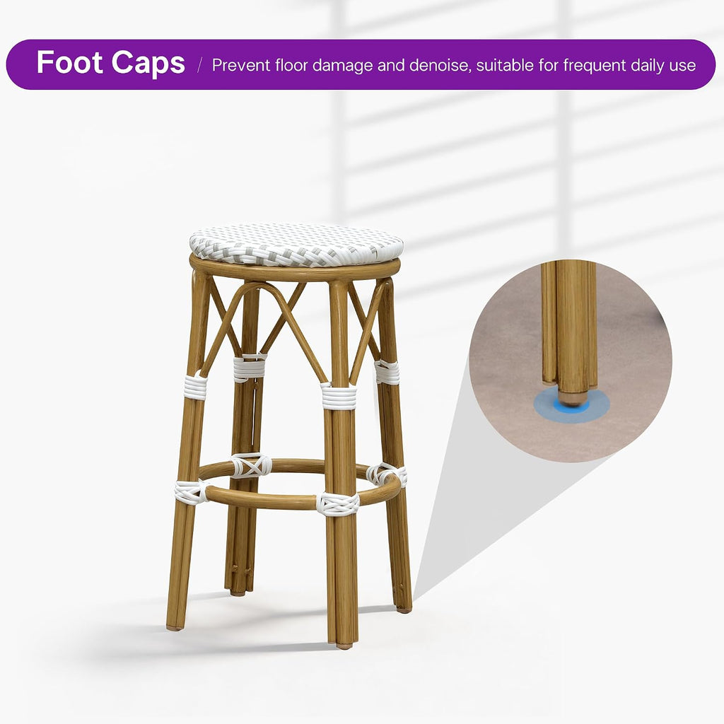 Patio Round Counter Height Stool Set of 2 Outdoor Backless Barstools Aluminum Frame in Bamboo Finish with White