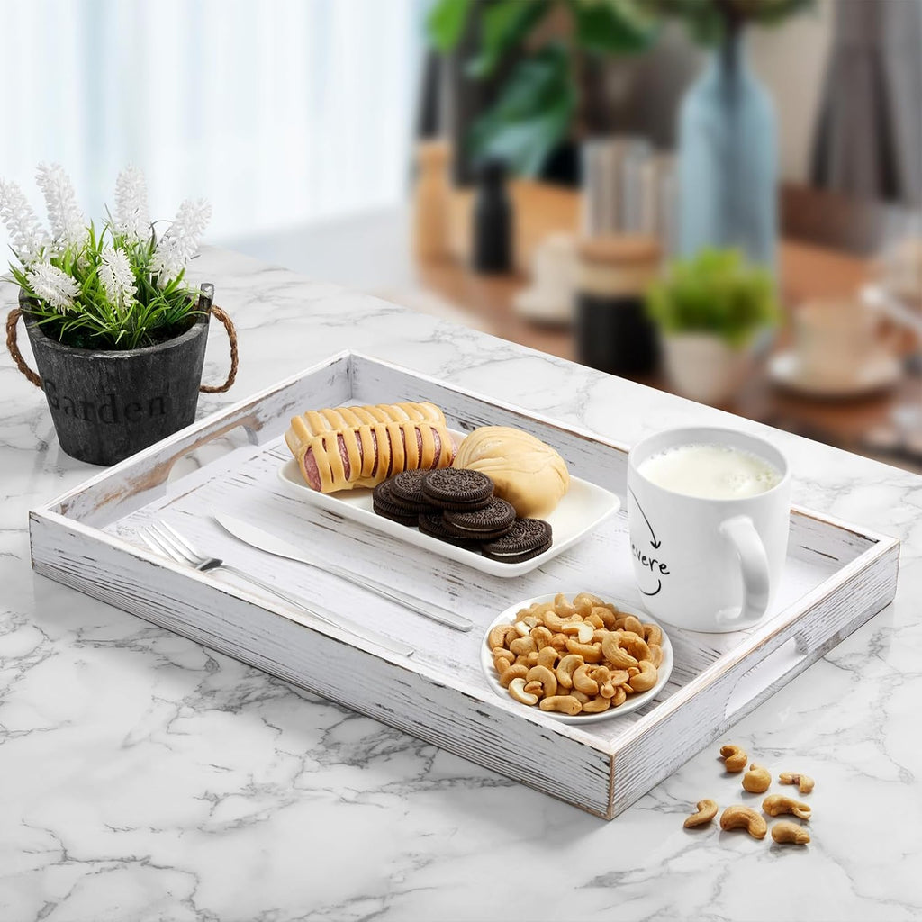 17 Inch Rustic White Serving Tray with Handles - Large Wooden Tray for Ottoman